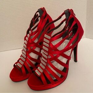 Aldo Red Satin Strappy Jeweled Heels Size 41 (10) New In Box